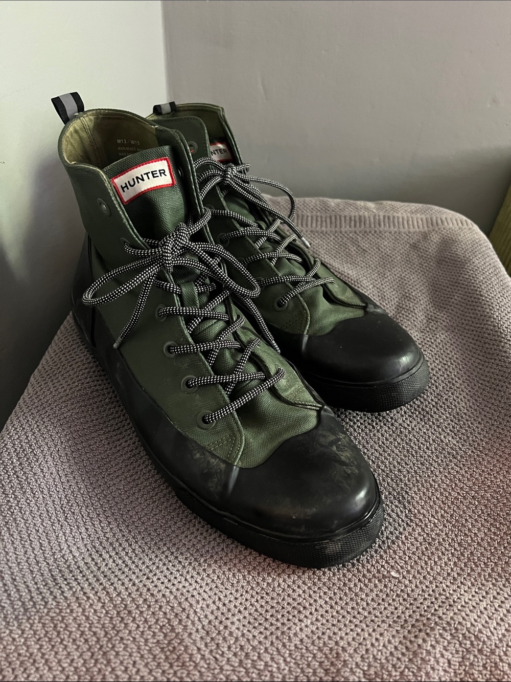Hunter Olive Green and Black High-Top Lace Boots Rain Boots Canvas